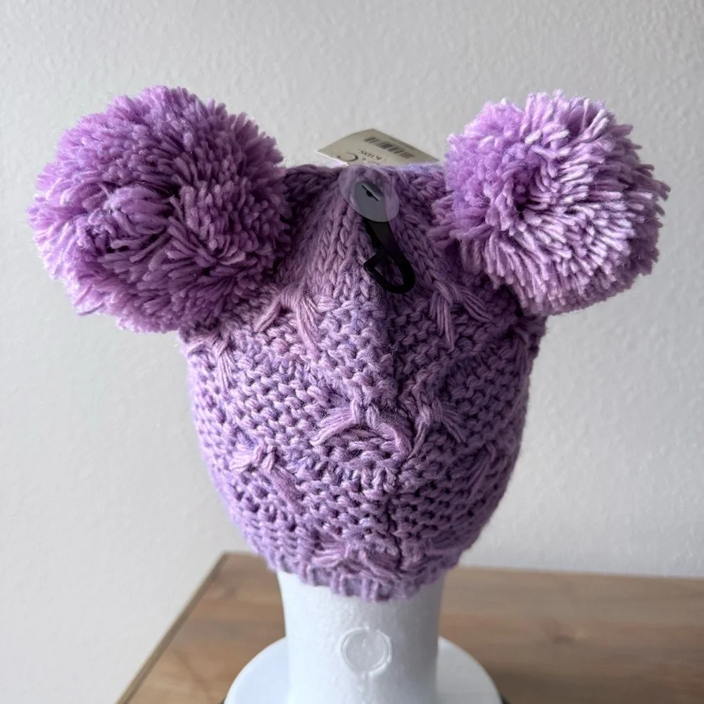 NWT C.C Kids purple knit wool blend beanie with two Pom-poms youth OS